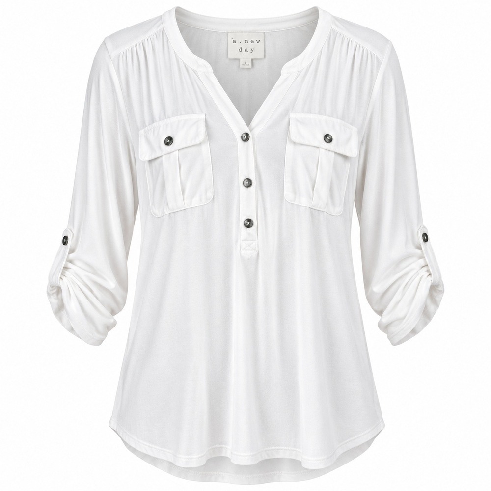 A New Day Women White Long Sleeve Roll Tab Utility Henley Top Small RN17730
